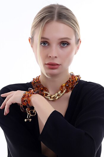 Dreamlike Özel Tasarım Leopar Desenli Gold Detaylı Kolye Bileklik Set