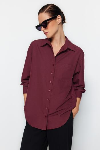 Trendyol Collection Dark Burgundy Single Pocket Boyfriend/Wide Fit Cotton Woven Shirt TWOAW20GO0115