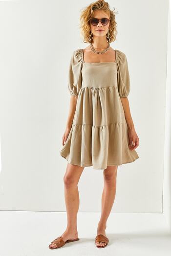 Olalook Women's Camel Square Collar Piece Mini Linen Dress ELB-19001941