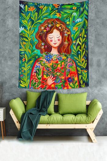 on the clouds Girl in Flowers Relax Mystic Stain Resistant Fabric Wall Cloth Wall Tapestry Tapestry