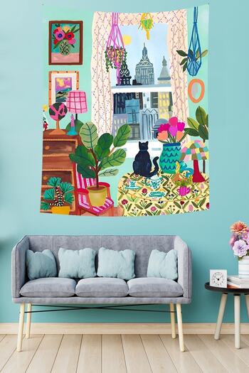 on the clouds Cat in the Window Bohemian Scandinavian Style Leaf Stain Resistant Fabric Wall Cloth Wall Carpet Tapestry