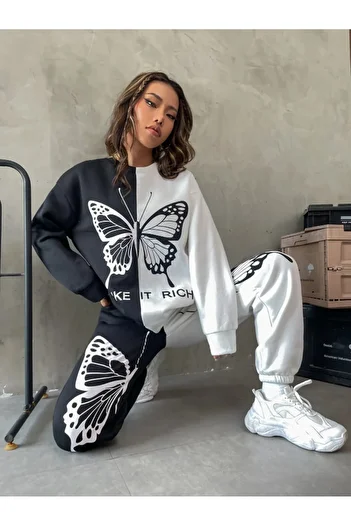 Machetta Plus Size Women's Piecework Butterfly Print Detailed Oversize 3 Thread Crew Neck Top-Bottom Set