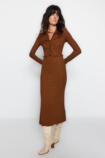 Trendyol Collection Brown Premium Textured Regular Polo Collar Flexible Knitted Top and Bottom Set TWOAW24AU00074