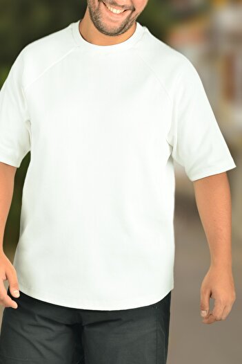 BESSA Men's White Oversize T-Shirt Crew Neck Ribbed Fabric Raglan Sleeve
