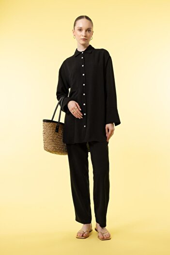 DeFacto Regular Fit Shirt Collar Linen Blend Long Sleeve Tunic