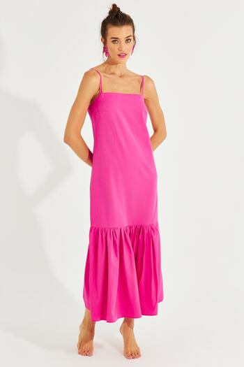 Cool & Sexy Women's Fuchsia Skirt Flounced Strap Midi Dress MEN2001