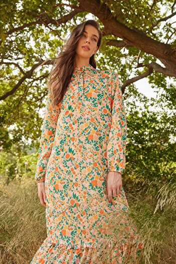 Trendyol Modest Πορτοκαλί φλοράλ Φούστα με μύτη με βολάν με επένδυση TCTSS21EL3353