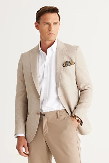 ALTINYILDIZ CLASSICS Men's Beige Slim Fit Slim Fit Swallow Collar Patterned Blazer Jacket
