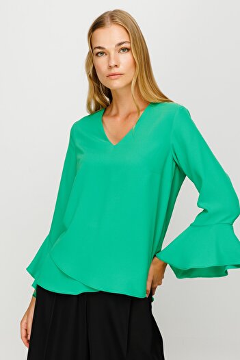 Ekol V-Neck Sleeve Detailed Long Sleeve Green Women's Blouse23105104