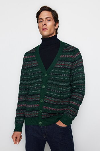 Trendyol Collection Green V-Neck Jacquard Slim Fit Knitwear Cardigan - Tmnaw20Hi0029