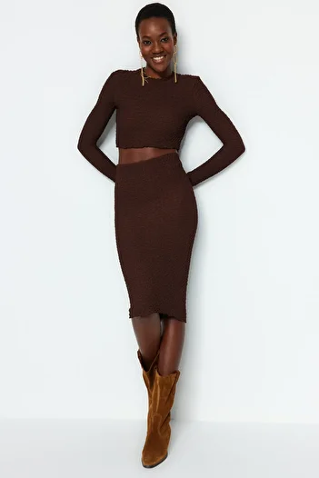 Trendyol Collection Flexible Knitted Crew Neck Bottom-Top Set - Brown Premium Textured Twoaw24Au00112