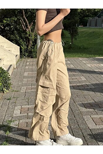 Gofeel Paraşüt Kumaş Krem Kargo Cep Detail Ayarlanabilir Pant