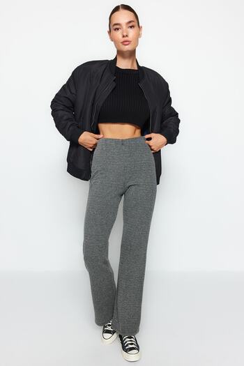 Trendyol Collection Gray Self-patterned High Waist Flare/Spanish Leg Knitted Trousers TWOAW24PL00178