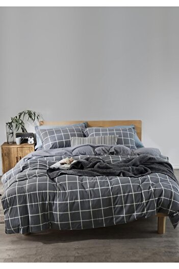 Sheri Home Двоспальний комплект постільної білизни Jersey Füme Kare Çizgi Newsherigrey0210639