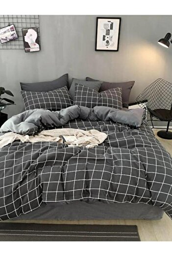 Sheri Home Двоспальний комплект постільної білизни Jersey Füme Kare Çizgi Newsherigrey0210639