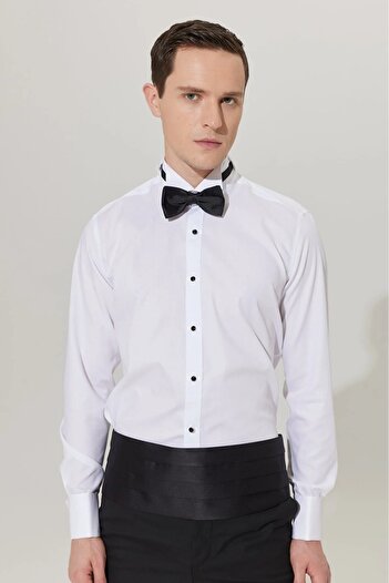 Moda Rabin Ata Collar Black Button Slim Fit White Shirt