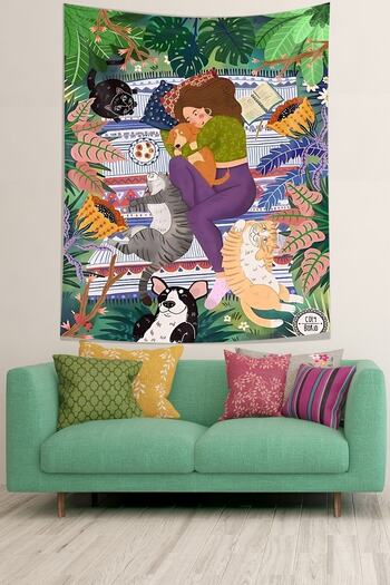 on the clouds Happy Animal Lover Girl Themed Stain Resistant Fabric Wall Cloth Wall Carpet Tapestry
