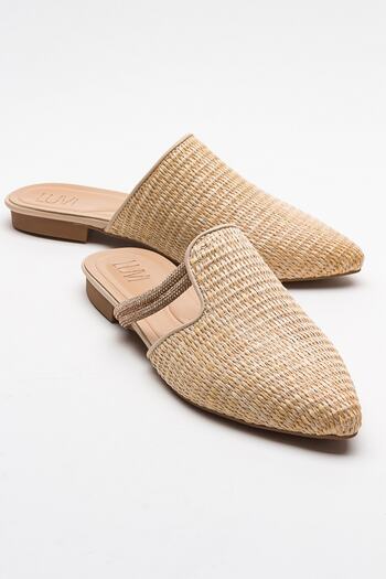 LuviShoes Cream Colored Stone Detailed Straw Women's Slippers - PESA