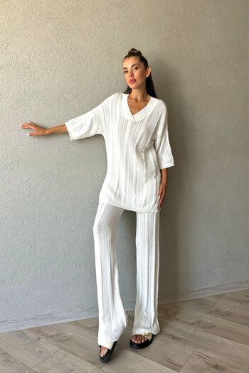 Seda Yalçın Atelier White Openwork Knitwear Pants and Blouse Set