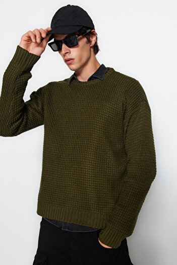 Trendyol Collection Khaki Color Oversize Crew Neck Knitwear Sweater - TMNAW24KZ00029