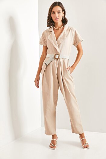 Bianco Lucci Women's Belted Thin Gabardine Jumpsuit 20162