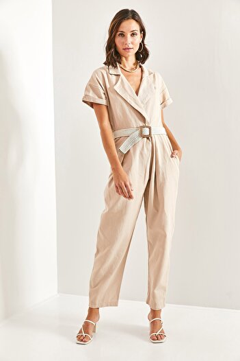 Bianco Lucci Women's Belted Thin Gabardine Jumpsuit 20162