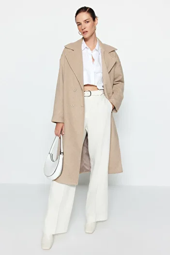 Trendyol Collection Stone Oversize široký střih dlouhý vlněný kabát TWOAW21KB0038