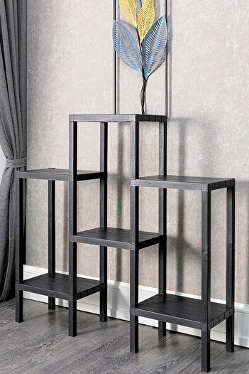 Bayev Shelf Piramit 6 Lı Raf Ünitesi Siyah Çiçeklik Banyo Mutfak Rafı Ayakkabılık Kitaplık Organizer