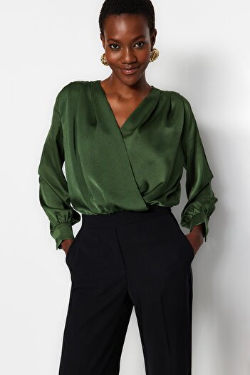 Trendyol Collection Khaki Satin Double Breasted Collar and Snap Detail Body - TOFAW19BB0678