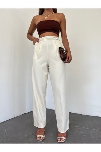 LB Laluna Butik Women's Belt Detailed High Waist Carrot Cut Fabric Trousers