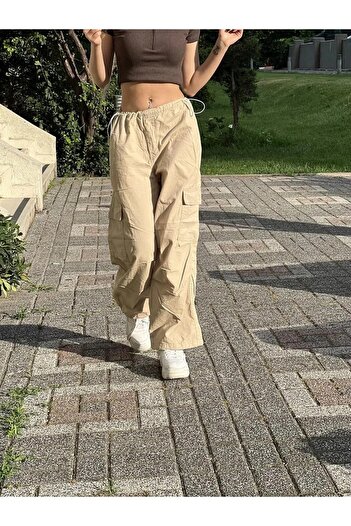 Gofeel Paraşüt Kumaş Krem Kargo Cep Detail Ayarlanabilir Pant