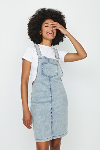 Select Moda Women's Light Blue Strappy Denim Salopet Dress