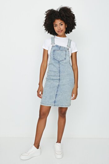 Select Moda Women's Light Blue Strappy Denim Salopet Dress