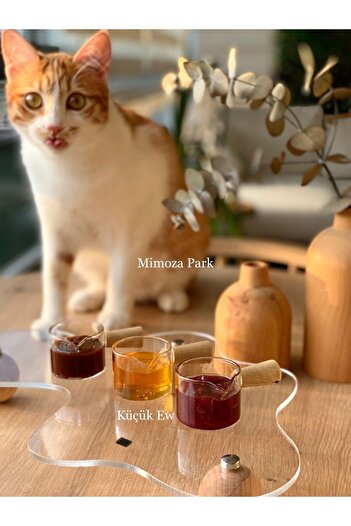 KÜÇÜK EW 3-Piece Borosilicate Glass Milk Jug with Wooden Handle Presentation Sauce Bowl | Glass Sauce Bowl Breakfast Sauce Bowl | 50ml