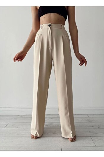 LAMİRAMOOD Pleated Fabric Stone Palazzo High Waist Loose Wide Leg Fabric Trousers
