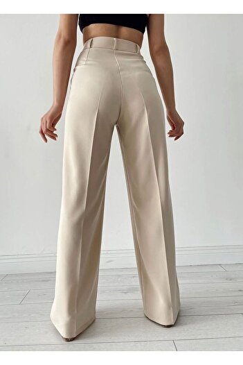 LAMİRAMOOD Pleated Fabric Stone Palazzo High Waist Loose Wide Leg Fabric Trousers