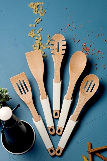 Pink&More Leora 6 Piece Silicone Serving Set with Stand and Wooden Handle
