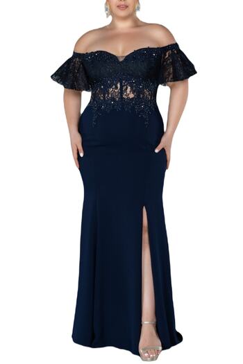 Arden Long Plus Size Evening Dress, black, red, dark blue Fish Form Madonna Collar Wedding, Graduation 46-56