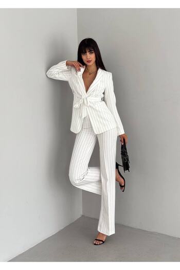 han fashion Tie-Up Striped Faux Pocket Belted Shawl Collar Blazer Jacket Pipe Leg Stretchy Pants Suit