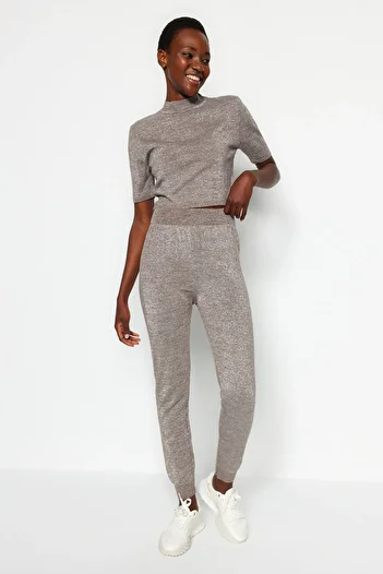 Trendyol Collection Mink Color Super Crop Glitter Knitwear Set - Twoaw24Au00075