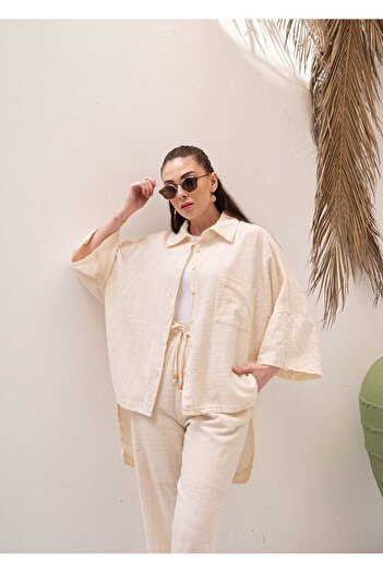 Laluvia Stone Low Sleeve Oversize Muslin Shirt