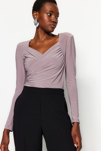 Trendyol Collection Mink Padded Drape Detailed Fitted/Stretch Snap Fastener Knitted Body TWOAW22BD0156