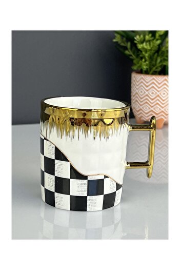 Doğudeko Luxury Checkerboard Pattern Porcelain Retro Mug