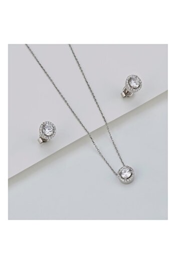 Şimal Silver 925 Ayar Gümüş Pırlanta Model Kolye Küpe Seti ( Rodyum )