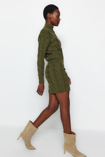 Trendyol Collection Khaki Crop Stand Collar Skirt Knitwear Bottom-Top Set Twoaw24Au00049