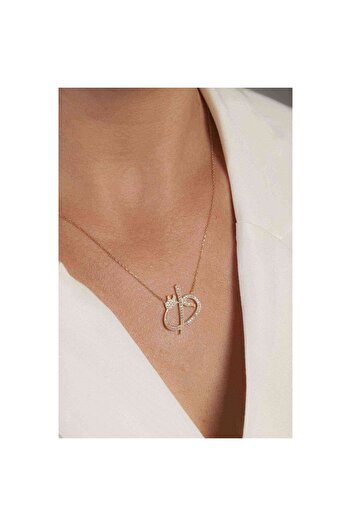 Şimal Silver Kadın Gümüş Rose Kaplama Taşlı Elif Vav Kolye  925 Ayar