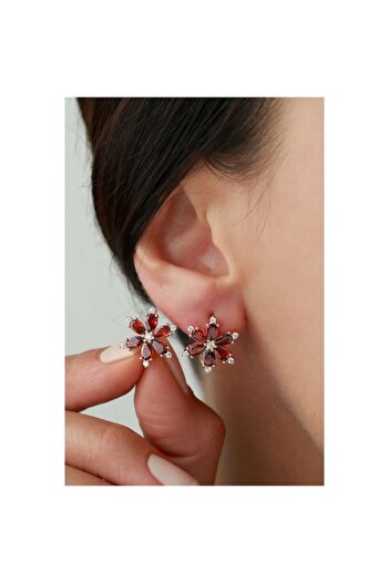 Şimal Silver 925 Ayar Gümüş Garnet Renk Lotus Çiçeği Küpe