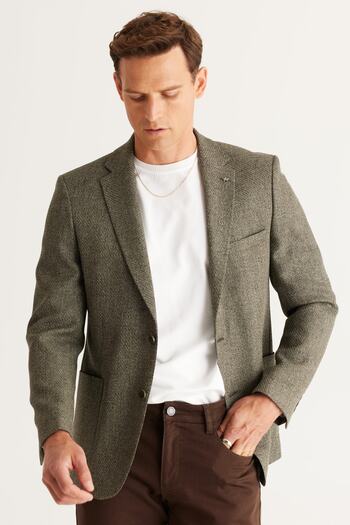 ALTINYILDIZ CLASSICS Men's Khaki Slim Fit Slim Fit Mono Collar Patterned Blazer Jacket