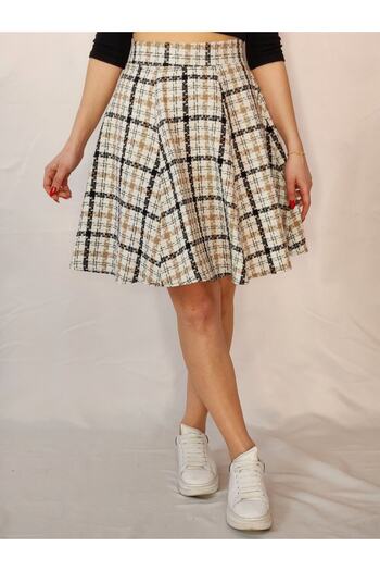 YAXİ Plaid Patterned White A-Line Skirt