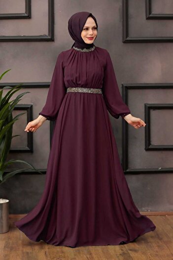Neva Style Balloon Sleeve Plum Hijab Evening Dress - 5339mu